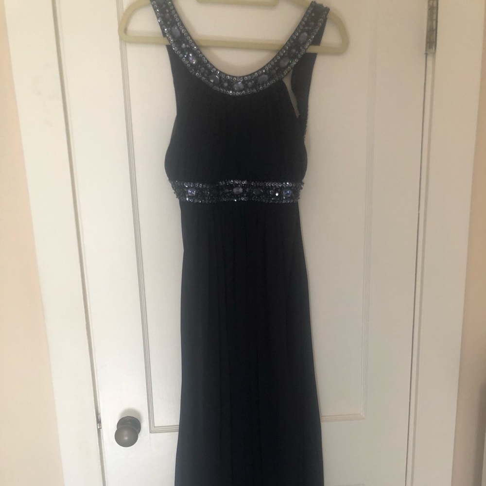 Midnight blue long formal dress, beads and jewels
